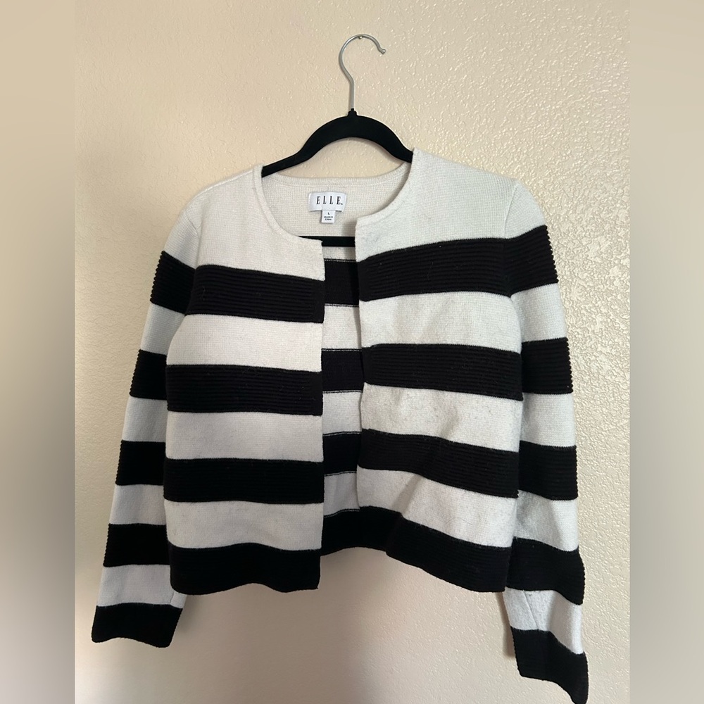 Elle Black and White Striped thick cardigan sweater
